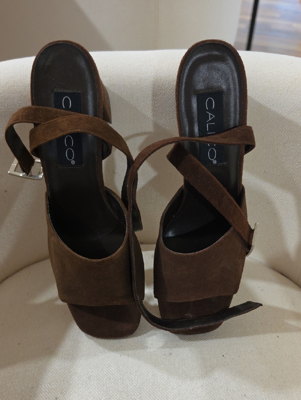 Calio Brown Suede Crisscross Block Heel Sandals